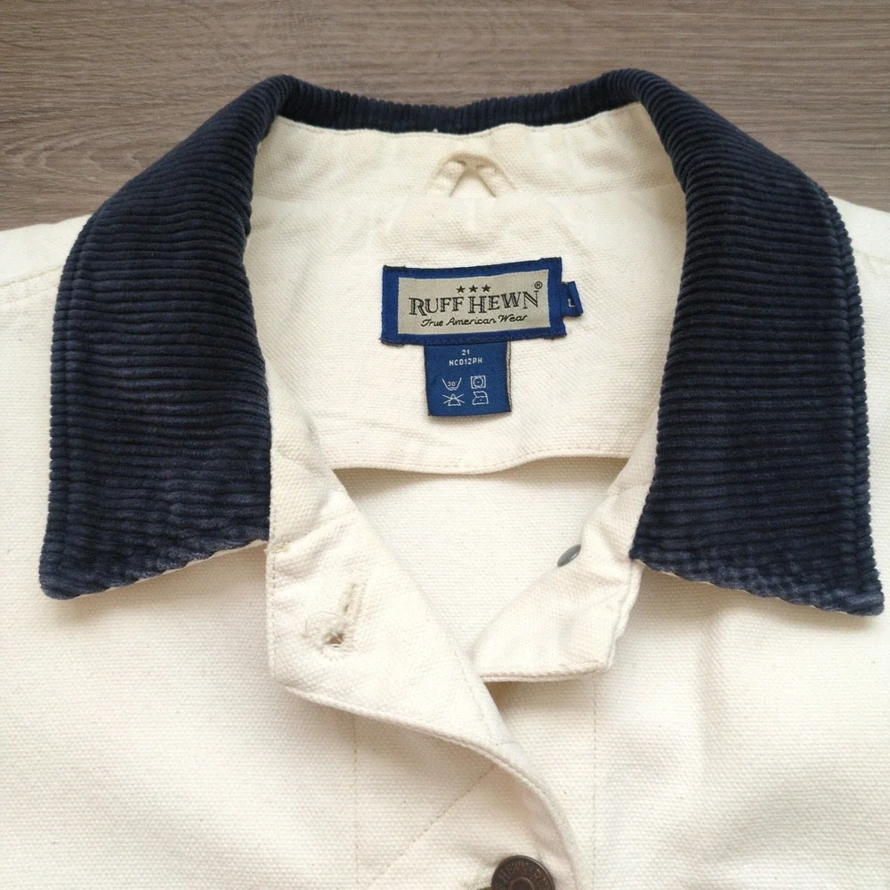 Vtg 90s Ruff Hewn Barn Chore Jacket White Canvas Corduroy Collar Workwear Large